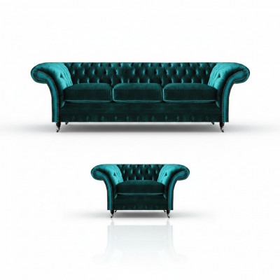 Sofagarnitur Wunnzëmmer 2tlg Dräisëtzer Couch Sofa Chesterfield Sessel