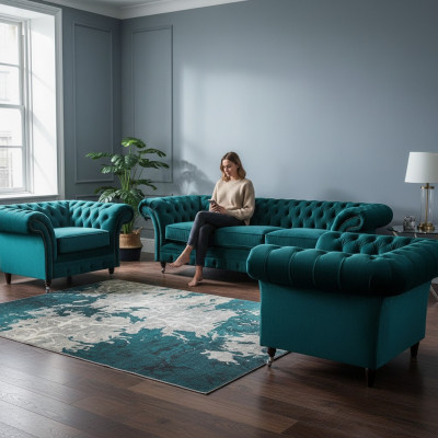 Gréng Sofa Set 3tlg Wunnzëmmer Chesterfield Polstermöbel Luxus Design Nei