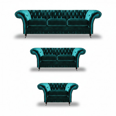 Gréng Sofa Set 3tlg Wunnzëmmer Chesterfield Polstermöbel Luxus Design Nei