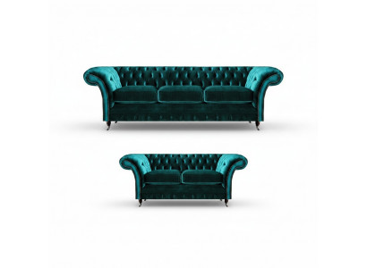 Chesterfield Luxus Design Ariichtung Gréng Drësëtzer mat Zweisëtzer Sofas