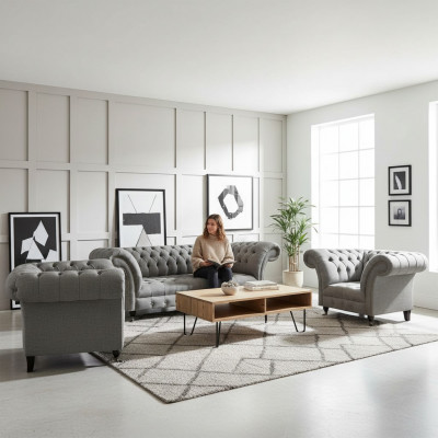 Wunnzëmmer Set 3tlg Chesterfield Sofae Gro Textil Polstermöbel 2x Fotell.
