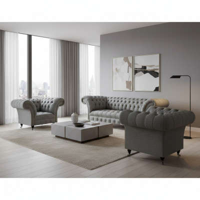 Wunnzëmmer Set 3tlg Chesterfield Sofae Gro Textil Polstermöbel 2x Fotell.