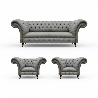 Wunnzëmmer Set 3tlg Chesterfield Sofae Gro Textil Polstermöbel 2x Fotell.