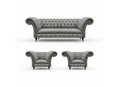 Wunnzëmmer Set 3tlg Chesterfield Sofae Gro Textil Polstermöbel 2x Fotell.