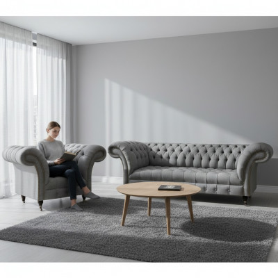 Grau dräisëtzeger Couch Sofa Wunnzëmmer Sëtz Chesterfield Polstermebel