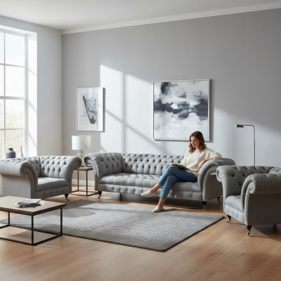 Wunnzëmmer Gro Set 3-Stéck Luxus Canapéen Canapé-Garnitur Sëtz Chesterfield
