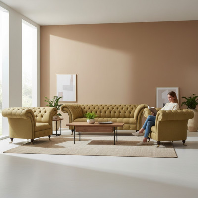 Gelb Wohnzimmer Set Komplett 2x Sessel Chesterfield Dreisitzer Sofa Couch