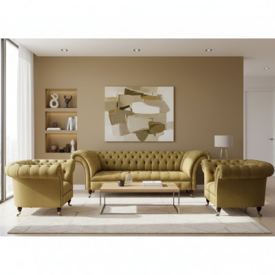 Gelb Wohnzimmer Set Komplett 2x Sessel Chesterfield Dreisitzer Sofa Couch