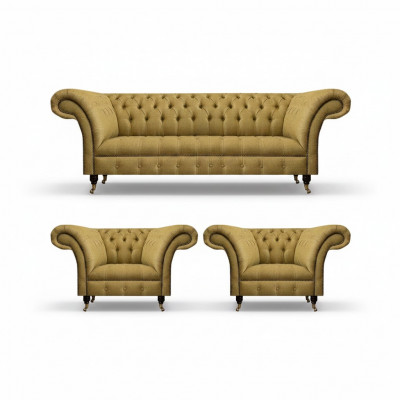 Gelb Wohnzimmer Set Komplett 2x Sessel Chesterfield Dreisitzer Sofa Couch