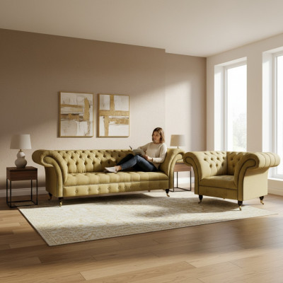 Chesterfield dräisëtzeger Canapé Polstermöbel Neie Fauteuil Polster Sëtz Wunnzëmmer