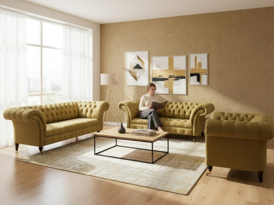 Wunnzëmmer Giel Canapé-Säit 3tlg Luxus Canapë Set Polster Sëtz Nei Chesterfield