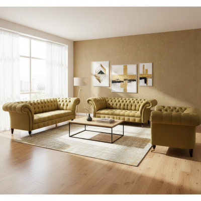 Wunnzëmmer Giel Canapé-Säit 3tlg Luxus Canapë Set Polster Sëtz Nei Chesterfield