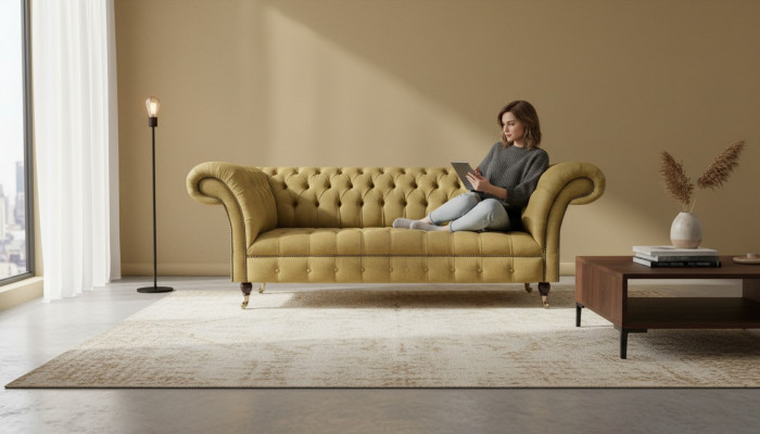 Chesterfield Dräsëtz-Couch Fëndelstéck Wohnungscouch Ariichtung Luxusstoff