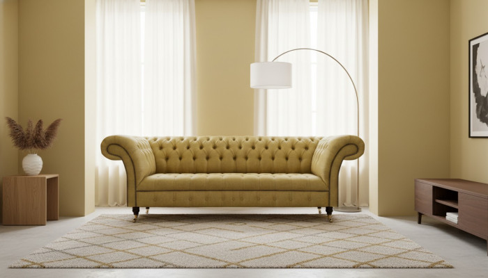 Chesterfield Dräsëtz-Couch Fëndelstéck Wohnungscouch Ariichtung Luxusstoff