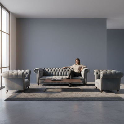 Komplett Set Sofagarnitur Chesterfield 2x Fotell Luxus Dräisëtzer Sofa Nei