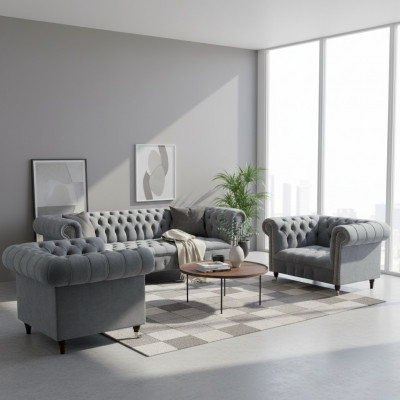 Komplett Set Sofagarnitur Chesterfield 2x Fotell Luxus Dräisëtzer Sofa Nei