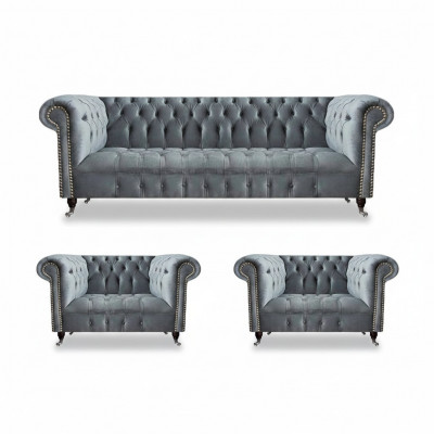Komplett Set Sofagarnitur Chesterfield 2x Fotell Luxus Dräisëtzer Sofa Nei