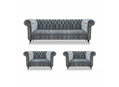 Komplett Set Sofagarnitur Chesterfield 2x Fotell Luxus Dräisëtzer Sofa Nei