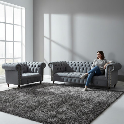 Wunnzëmmer Komplett Dräisëtzeger Sofa Couch Fauteuil Luxus Ariichtung Chesterfield