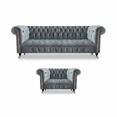 Wunnzëmmer Komplett Dräisëtzeger Sofa Couch Fauteuil Luxus Ariichtung Chesterfield