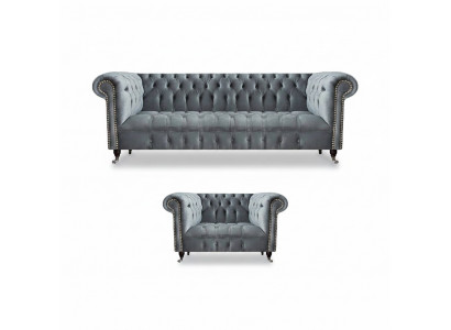 Wunnzëmmer Komplett Dräisëtzeger Sofa Couch Fauteuil Luxus Ariichtung Chesterfield