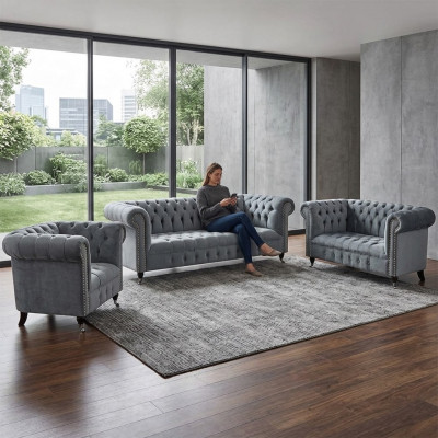 Luxus Set 3-deelzeg Sofagarnitur Wunnzëmmer Chesterfield Gro Ariichtung Neit