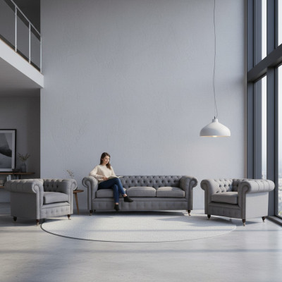 Grau Chesterfield Luxus Miwwelen Wunnzëmmer Set 3 Stéck Sofa Textil Fauteuil