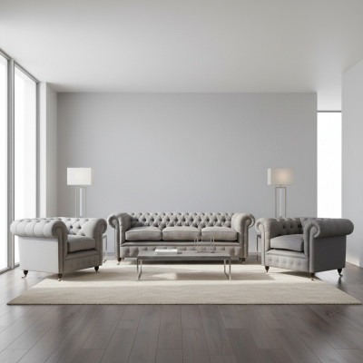 Grau Chesterfield Luxus Miwwelen Wunnzëmmer Set 3 Stéck Sofa Textil Fauteuil