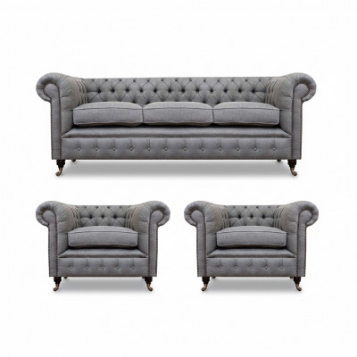 Grau Chesterfield Luxus Miwwelen Wunnzëmmer Set 3 Stéck Sofa Textil Fauteuil
