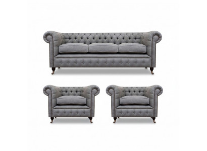 Grau Chesterfield Luxus Miwwelen Wunnzëmmer Set 3 Stéck Sofa Textil Fauteuil