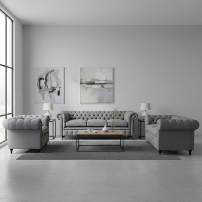 Chesterfield Sofa Set Stoff Textil Polster Couch Sofa Garnitur 3 Stéck Nei