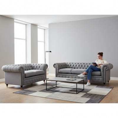 Chesterfield Design Luxus Gepolstert Sofa Couch Sëtz Garnitur Textilstëff Sofagarnitur