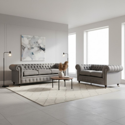 Chesterfield Design Luxus Gepolstert Sofa Couch Sëtz Garnitur Textilstëff Sofagarnitur
