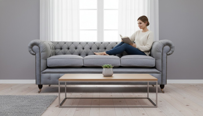 Grou Chesterfield Wunnzëmmer Textil Stoff Ariichtung Luxus Dräisëtzer Sofa