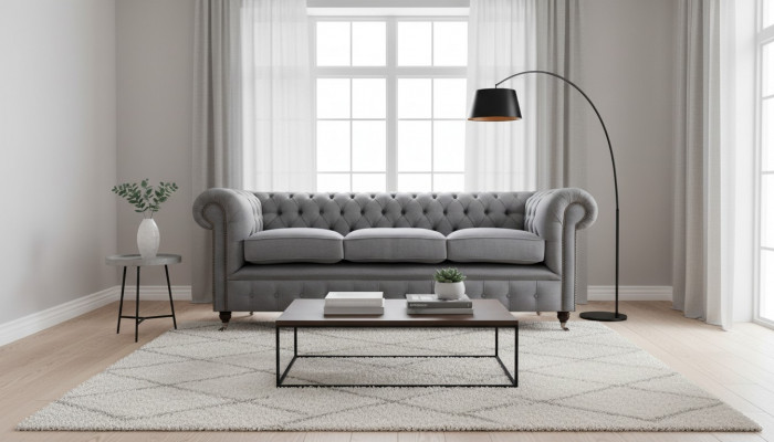 Grou Chesterfield Wunnzëmmer Textil Stoff Ariichtung Luxus Dräisëtzer Sofa