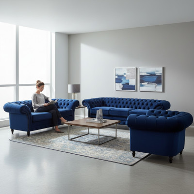 Luxus Design Nei Garnitur Wunnzëmmer Blo Sofa Set 3tlg Ariichtung Chesterfield