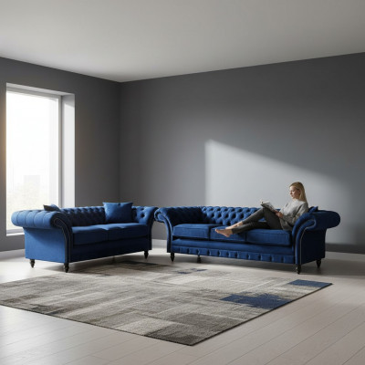 Wunnzëmmer 2tlg Dräisëtzer Sofa Blo Zwäisëtzer Sofas Ariichtung Chesterfield