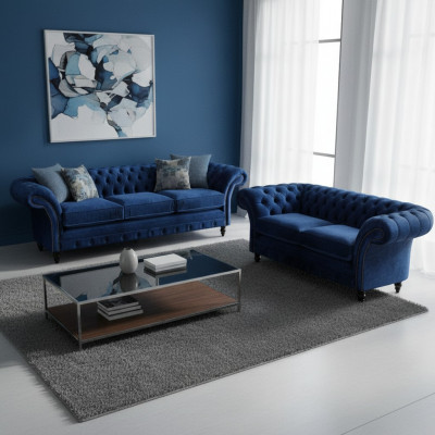 Wunnzëmmer 2tlg Dräisëtzer Sofa Blo Zwäisëtzer Sofas Ariichtung Chesterfield