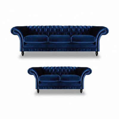 Wunnzëmmer 2tlg Dräisëtzer Sofa Blo Zwäisëtzer Sofas Ariichtung Chesterfield