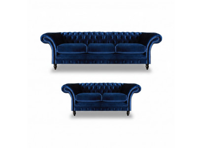 Wunnzëmmer 2tlg Dräisëtzer Sofa Blo Zwäisëtzer Sofas Ariichtung Chesterfield