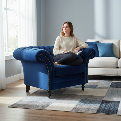 Blo Chesterfield Fotell Luxus Design Polster Stoff Nei Wunnzëmmer Ariichtung
