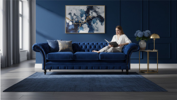 Chesterfield Luxus Sofa Drësëtzer Wunnzëmmer Polster Stoff Textil Design Nei