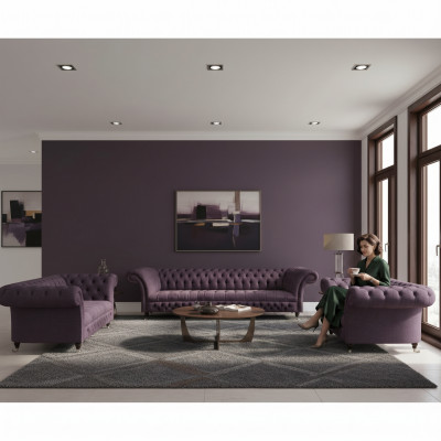 Luxus Lila Sofa Garnitur Wunnzëmmer Chesterfield Design Set 3tlg Gepolstert Textil