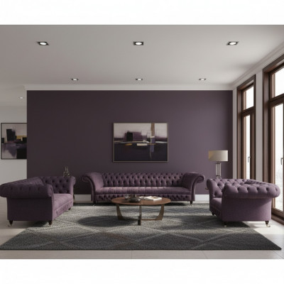 Luxus Lila Sofa Garnitur Wunnzëmmer Chesterfield Design Set 3tlg Gepolstert Textil