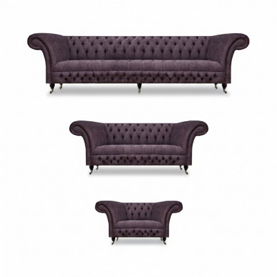 Luxus Lila Sofa Garnitur Wunnzëmmer Chesterfield Design Set 3tlg Gepolstert Textil