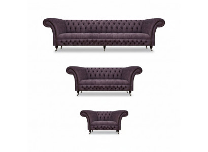 Luxus Lila Sofa Garnitur Wunnzëmmer Chesterfield Design Set 3tlg Gepolstert Textil