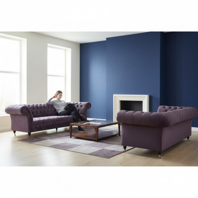 Wunnzëmmer Luxus Lila Canapé Dräisëtzeger Design Fauteuil Canapé Set Chesterfield
