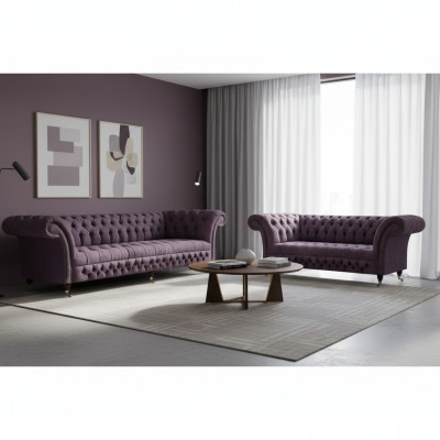 Wunnzëmmer Luxus Lila Canapé Dräisëtzeger Design Fauteuil Canapé Set Chesterfield