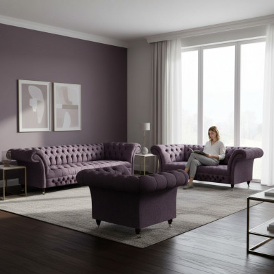 Luxus Design Canapé-Set 3tlg Chesterfield Lila Wunnzëmmer Polstersofaen