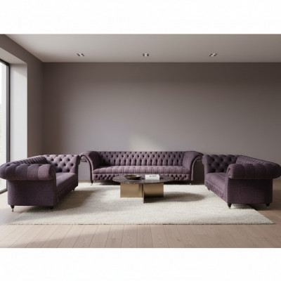 Luxus Design Canapé-Set 3tlg Chesterfield Lila Wunnzëmmer Polstersofaen